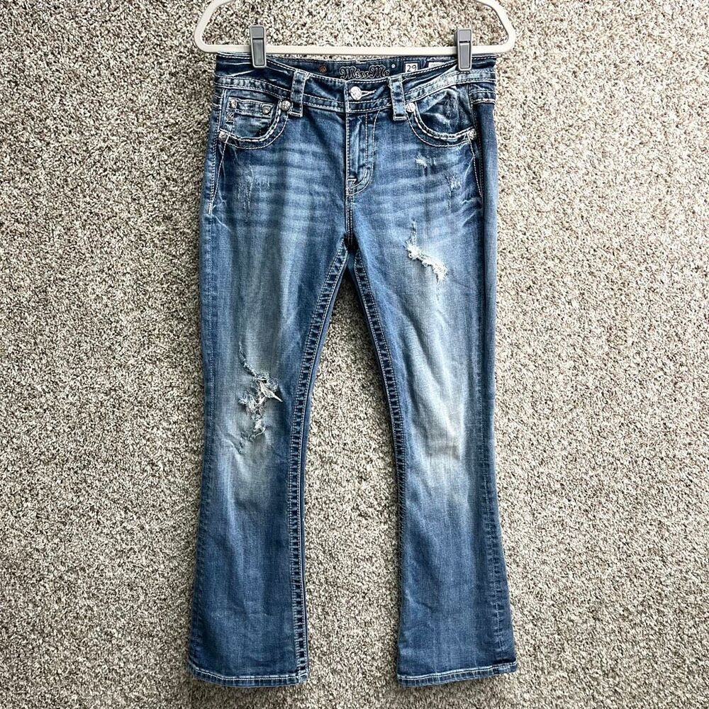 Miss Me Jeans Women’s 29 Thick Heavy Stitch Distressed Denim Blue Standard Boot - Picture 2 of 8